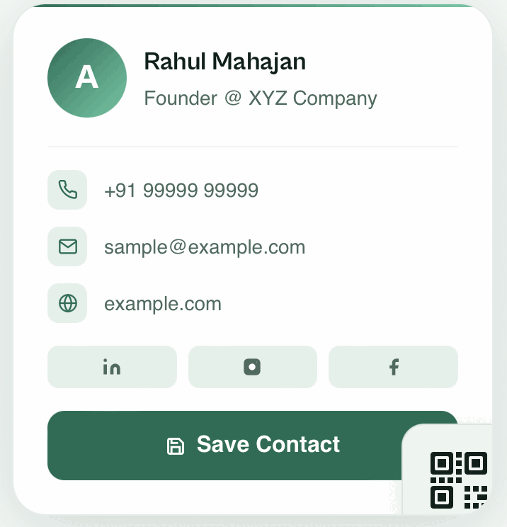 An MJXCard profile as the person you shared it with sees it: a name and job title, then phone, email and website each on their own row, links to social profiles, and a Save Contact button. The card’s QR code sits in the corner.