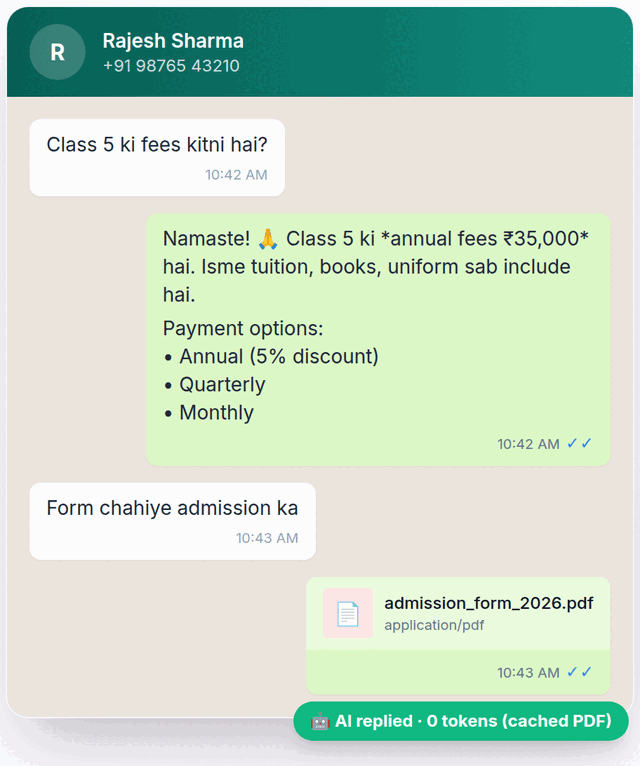 A Pathshala WhatsApp thread: a parent asks in Hinglish what the fees are for a class, the AI answers in Hinglish with the annual fee and the payment options, then sends the admission form as a PDF — marked "AI replied · 0 tokens (cached PDF)".