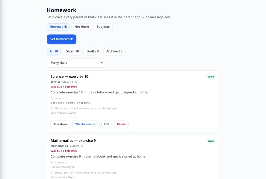 MJX Academic: Homework set per class and subject, with who has done it