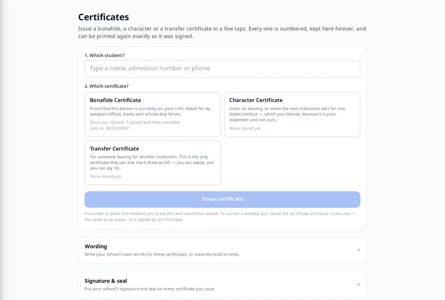 MJX Academic: Bonafide, character and transfer certificates, issued from the student record
