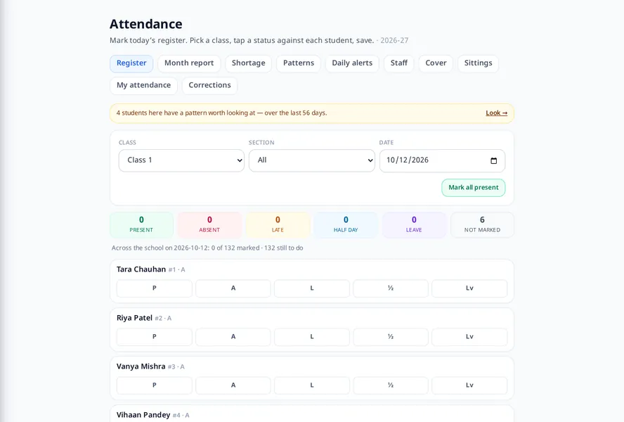 MJX Attendance: The class register: one tap per student, with the day’s counts above