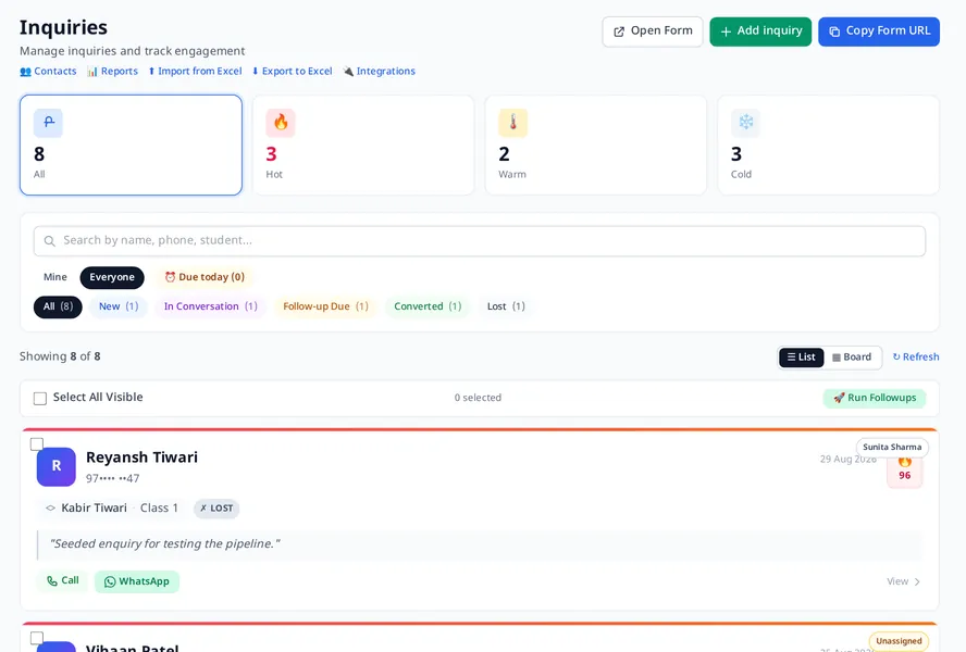 MJX CRM: Every enquiry in one list, with hot, warm and cold counted at the top
