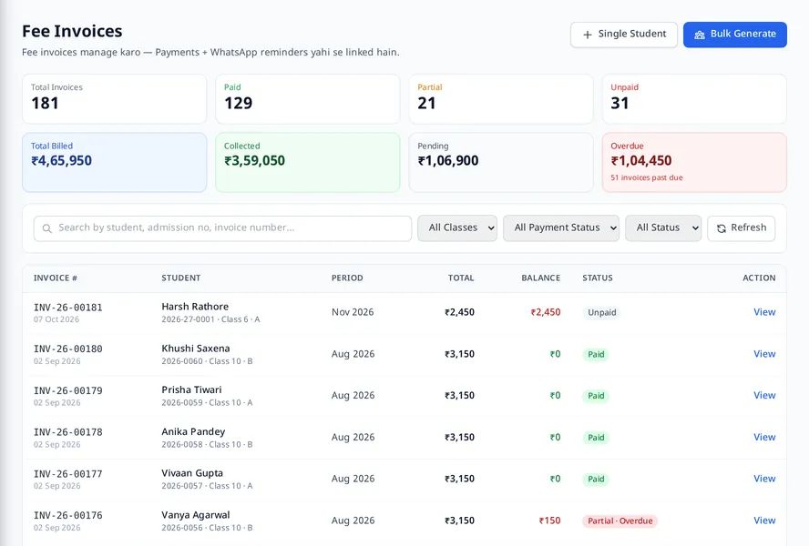 MJX Fees Management: Every invoice, with its balance and status