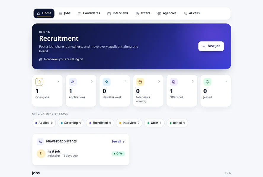 MJX Hire: Recruitment home: open jobs, applications and the count at every stage