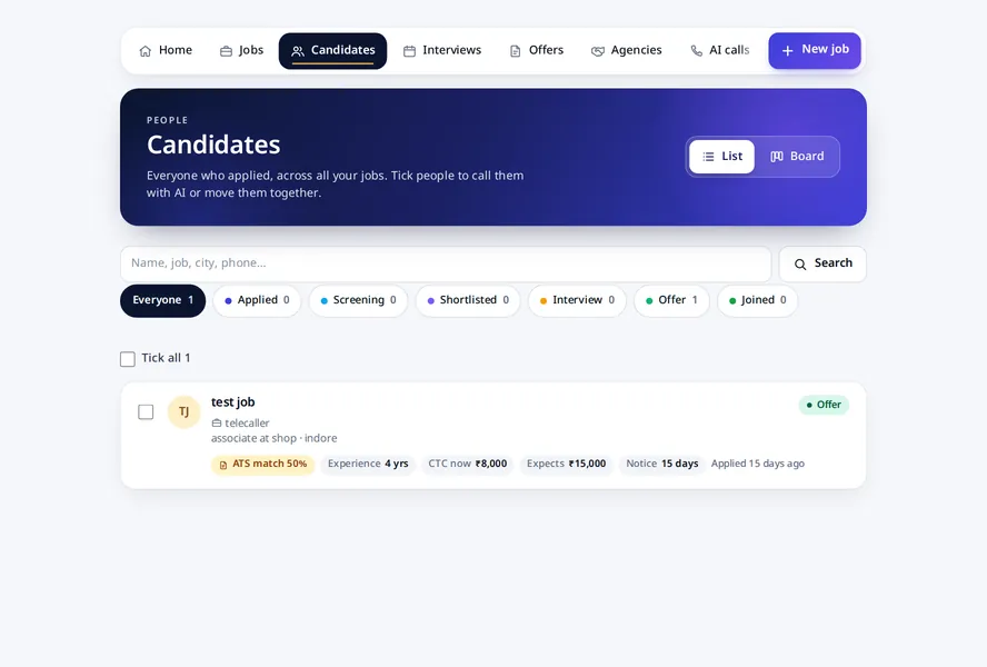MJX Hire: Candidates, with the ATS match, experience, CTC and notice period on each