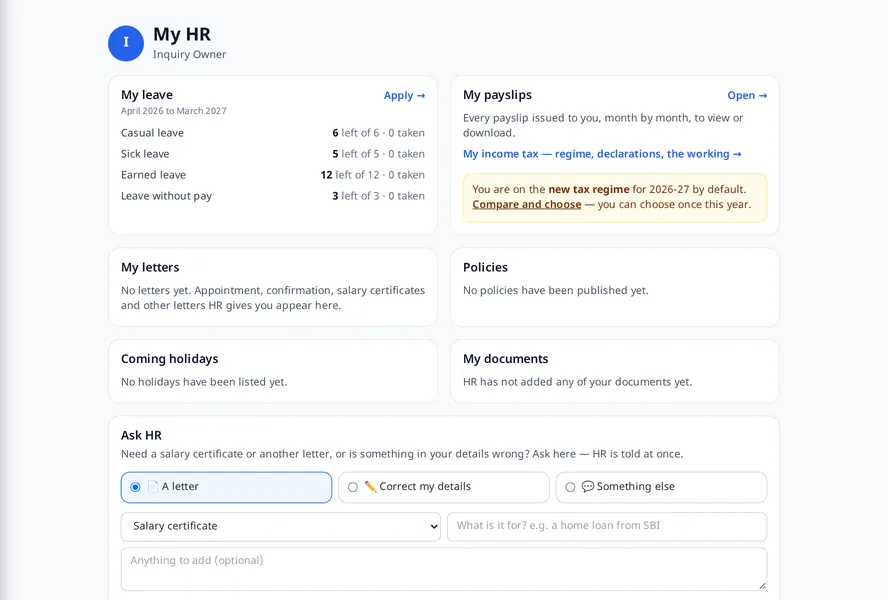 MJX HR: My HR: an employee’s own leave balance, payslips, letters and requests