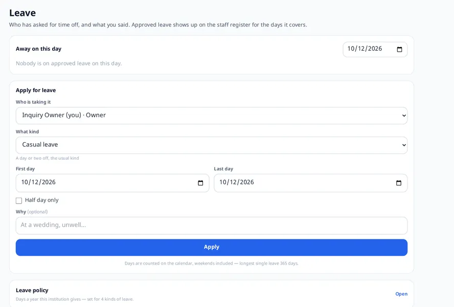 MJX HR: Applying for leave, and who is away on a given day