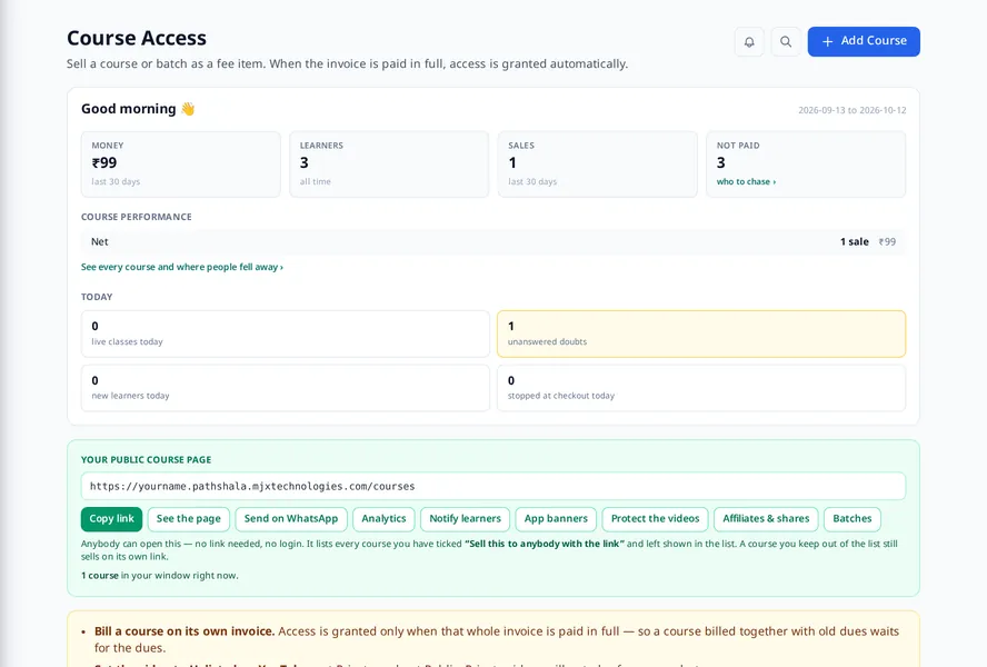 MJX LMS: Course access: money, learners and sales, with your public course page