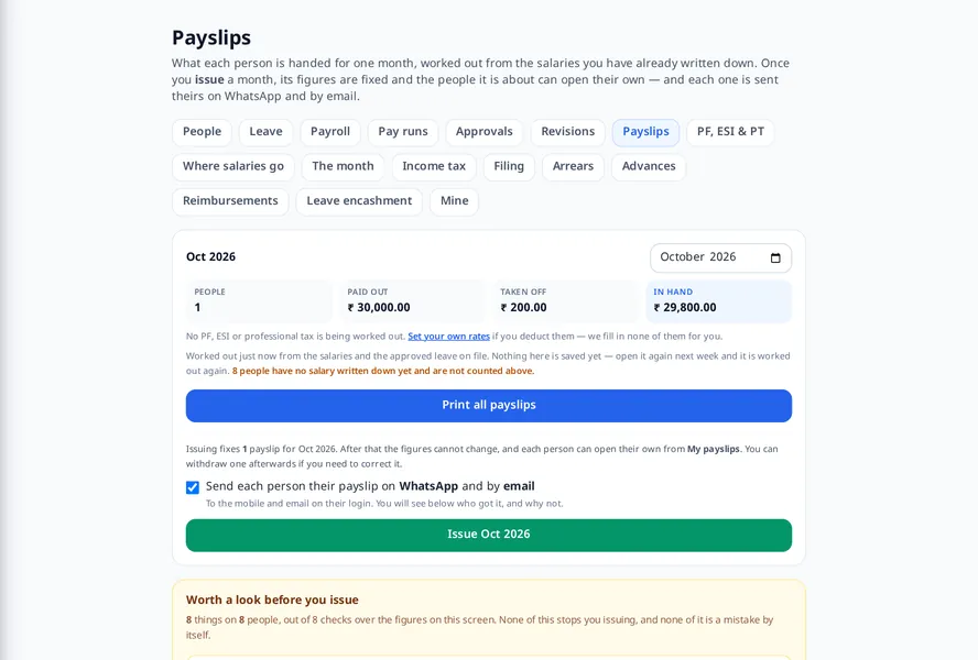 MJX Payroll: Payslips for the month: paid out, taken off and in hand, issued together