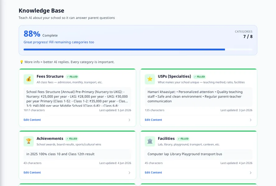 MJX WhatsApp Automation: The knowledge base the AI answers from: fees, facilities and achievements, in your own words
